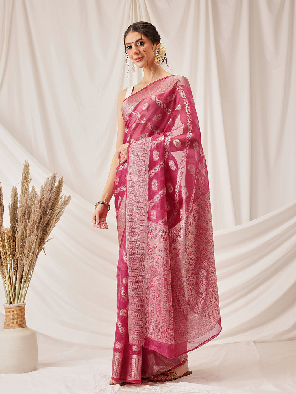 Hiral Fashion Pink Banarasi Organza Silk Lahariya Woven Design Saree