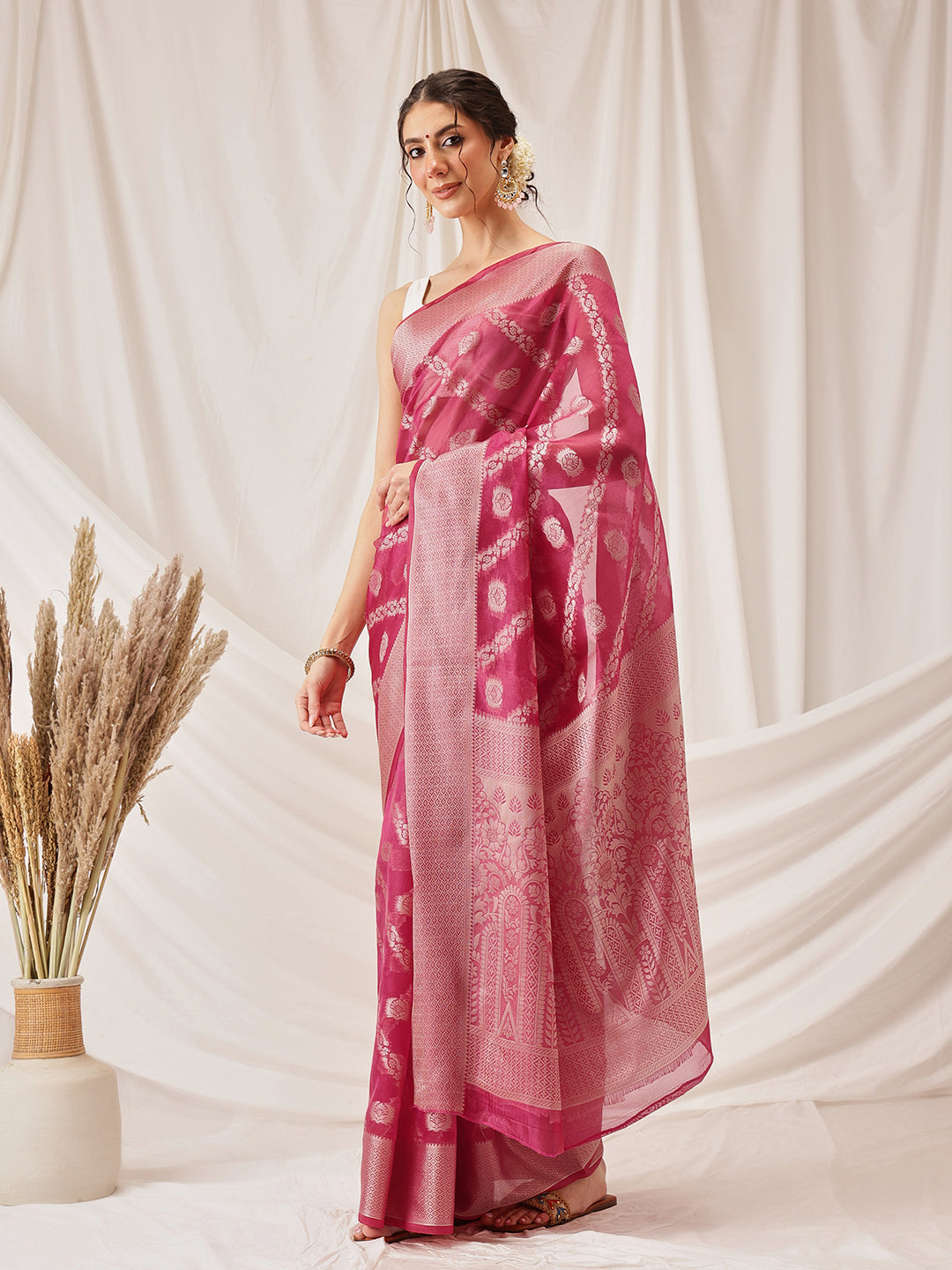 Hiral Fashion Pink Banarasi Organza Silk Lahariya Woven Design Saree
