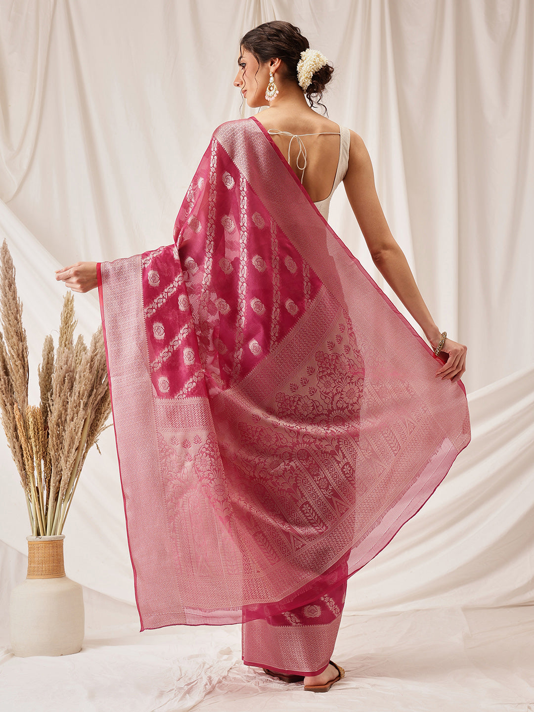 Hiral Fashion Pink Banarasi Organza Silk Lahariya Woven Design Saree