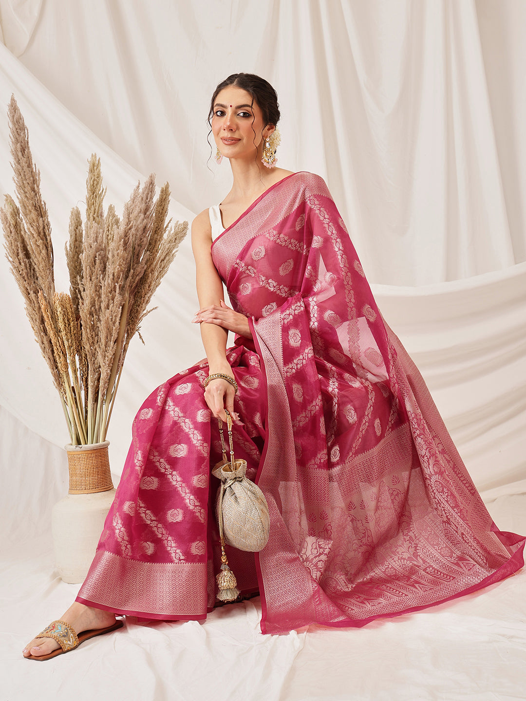 Hiral Fashion Pink Banarasi Organza Silk Lahariya Woven Design Saree