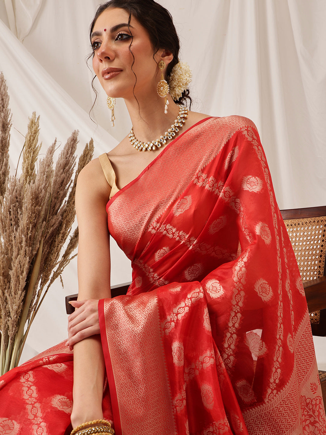 Hiral Fashion Red Banarasi Organza Silk Lahariya Woven Design Saree
