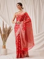 Hiral Fashion Red Banarasi Organza Silk Lahariya Woven Design Saree