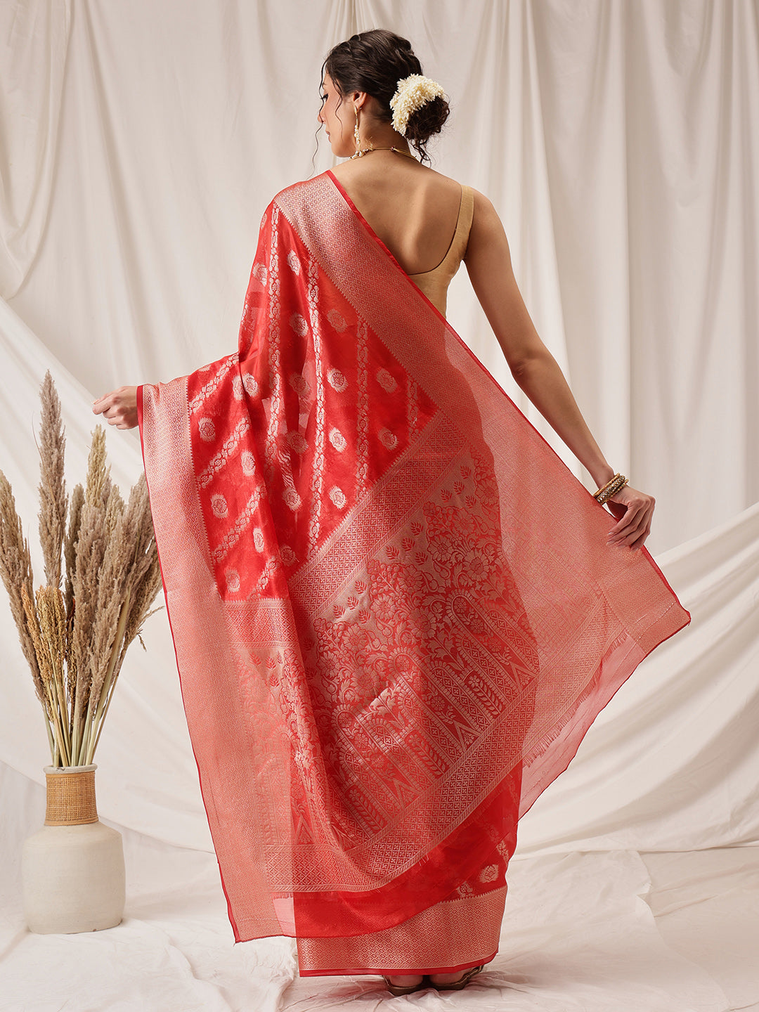 Hiral Fashion Red Banarasi Organza Silk Lahariya Woven Design Saree