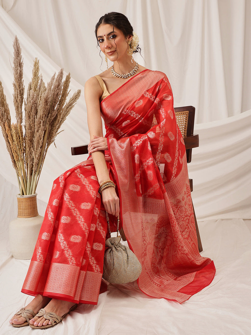 Hiral Fashion Red Banarasi Organza Silk Lahariya Woven Design Saree