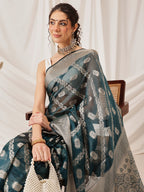 Hiral Fashion Teal Banarasi Organza Silk Lahariya Woven Design Saree