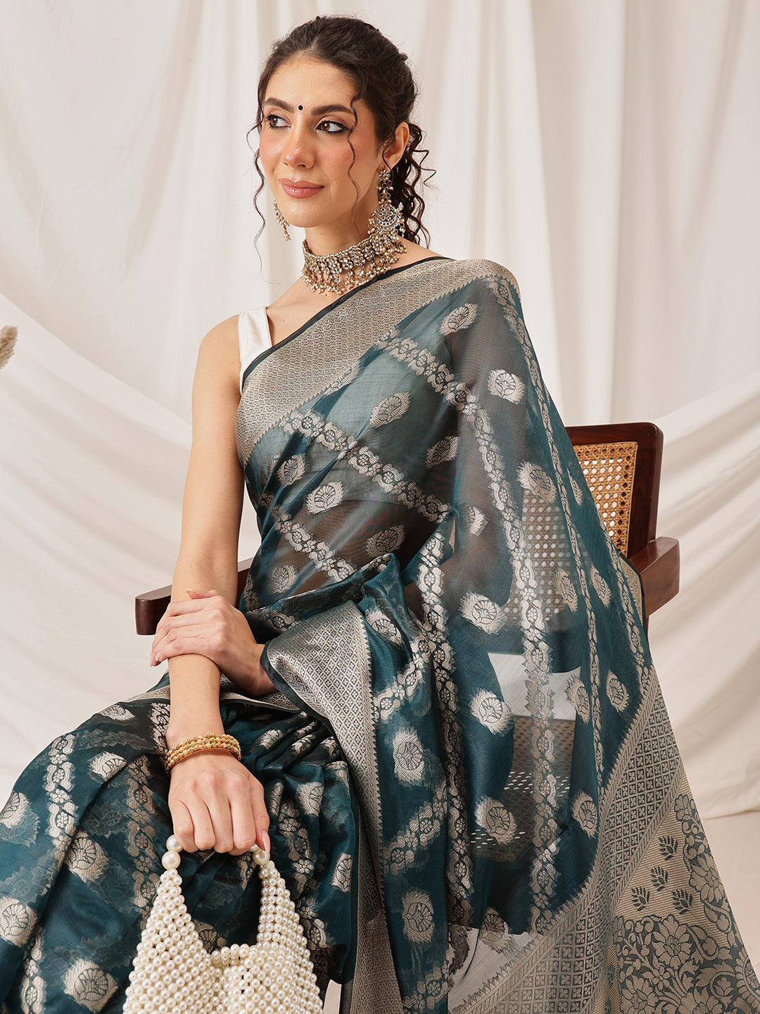 Hiral Fashion Teal Banarasi Organza Silk Lahariya Woven Design Saree