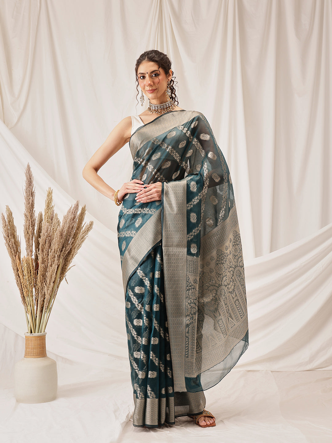 Hiral Fashion Teal Banarasi Organza Silk Lahariya Woven Design Saree