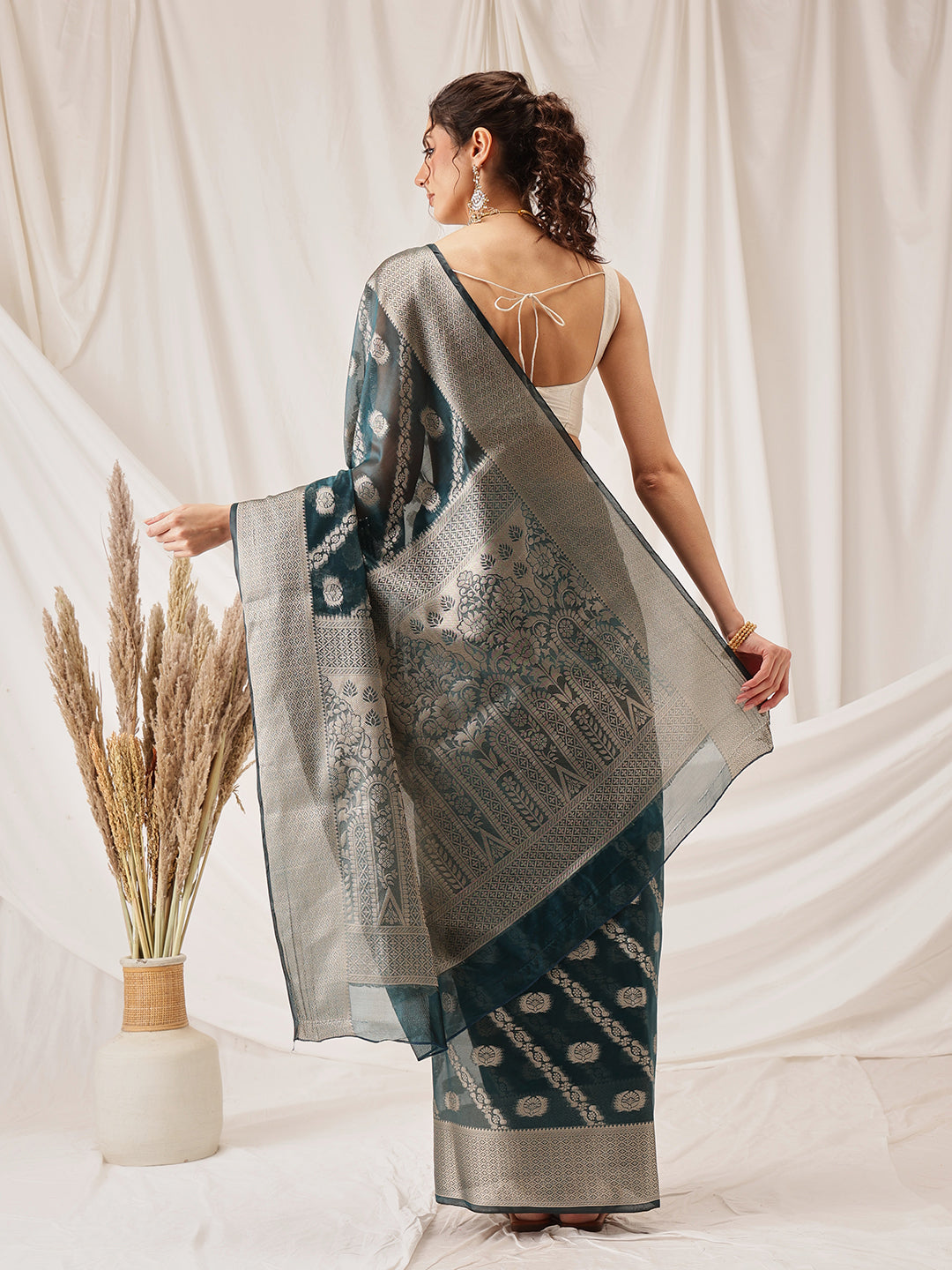 Hiral Fashion Teal Banarasi Organza Silk Lahariya Woven Design Saree