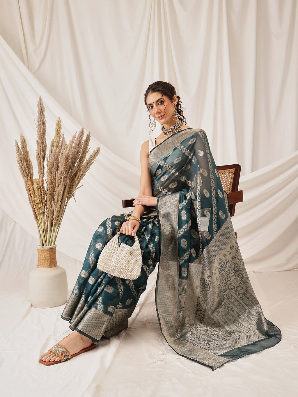 Hiral Fashion Teal Banarasi Organza Silk Lahariya Woven Design Saree