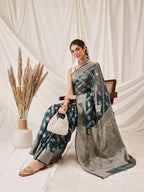 Hiral Fashion Teal Banarasi Organza Silk Lahariya Woven Design Saree