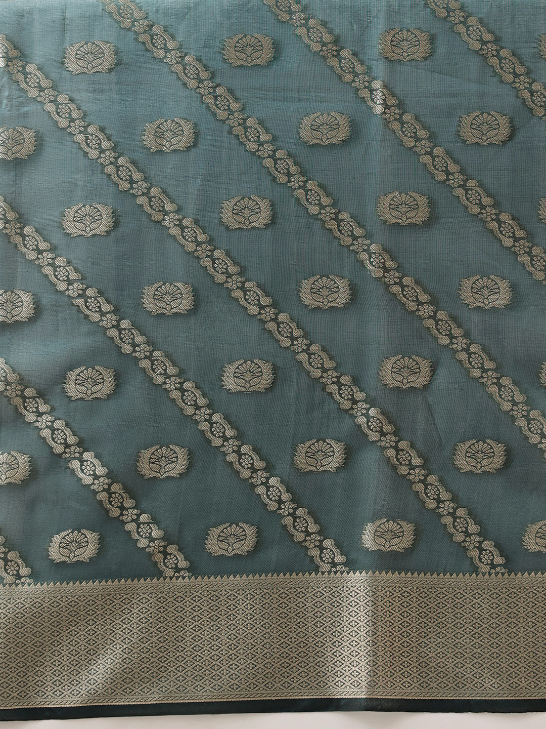 Hiral Fashion Teal Banarasi Organza Silk Lahariya Woven Design Saree