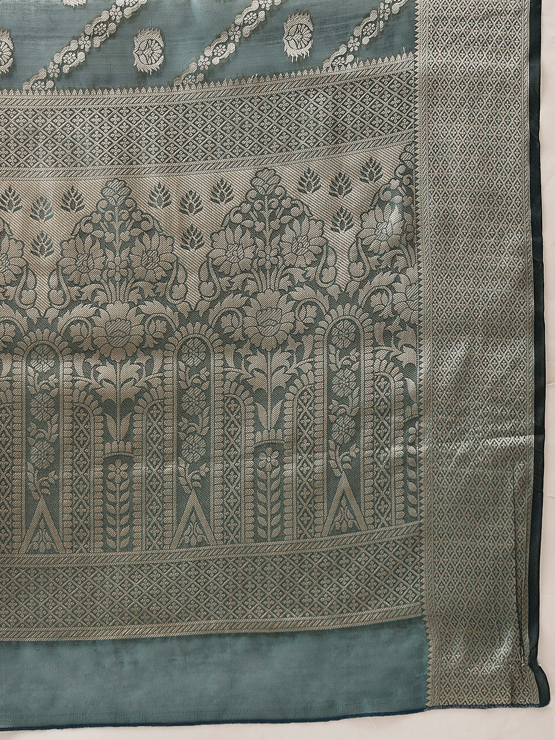 Hiral Fashion Teal Banarasi Organza Silk Lahariya Woven Design Saree