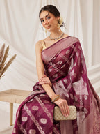 Hiral Fashion Purple Banarasi Organza Silk Lahariya Woven Design Saree