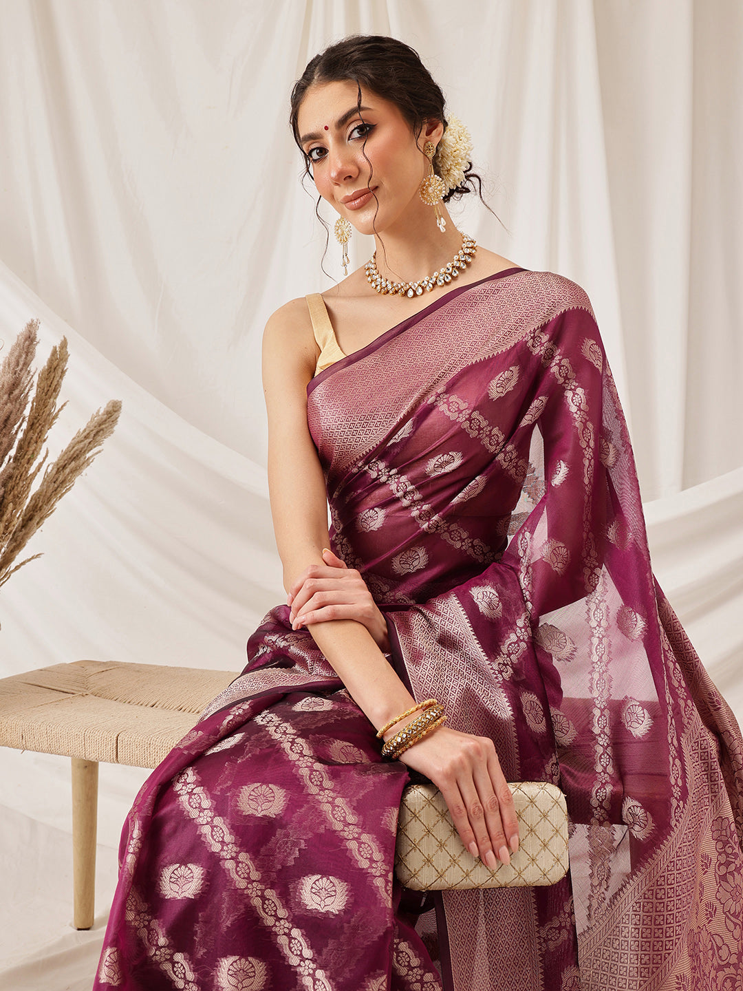Hiral Fashion Purple Banarasi Organza Silk Lahariya Woven Design Saree