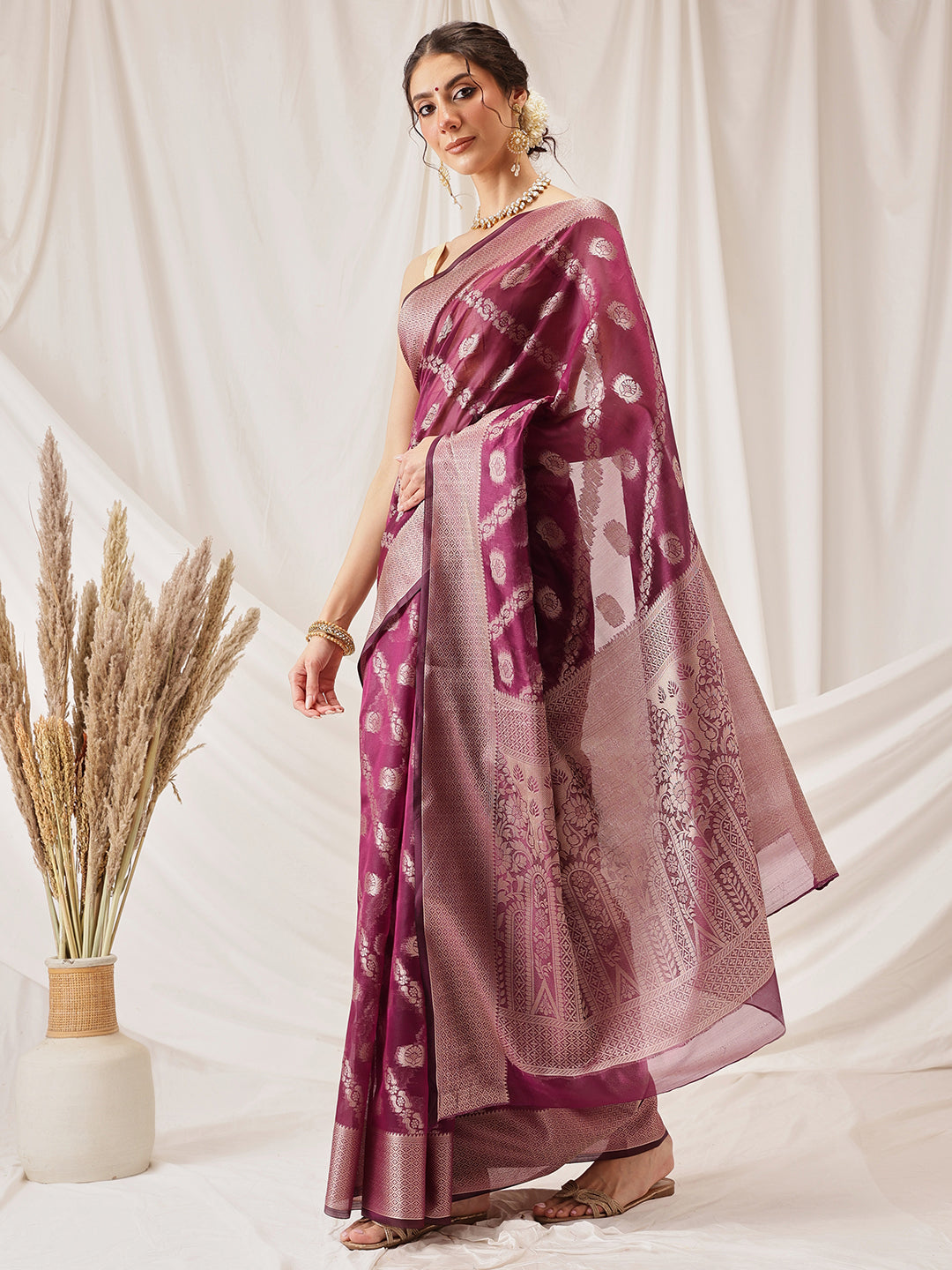 Hiral Fashion Purple Banarasi Organza Silk Lahariya Woven Design Saree