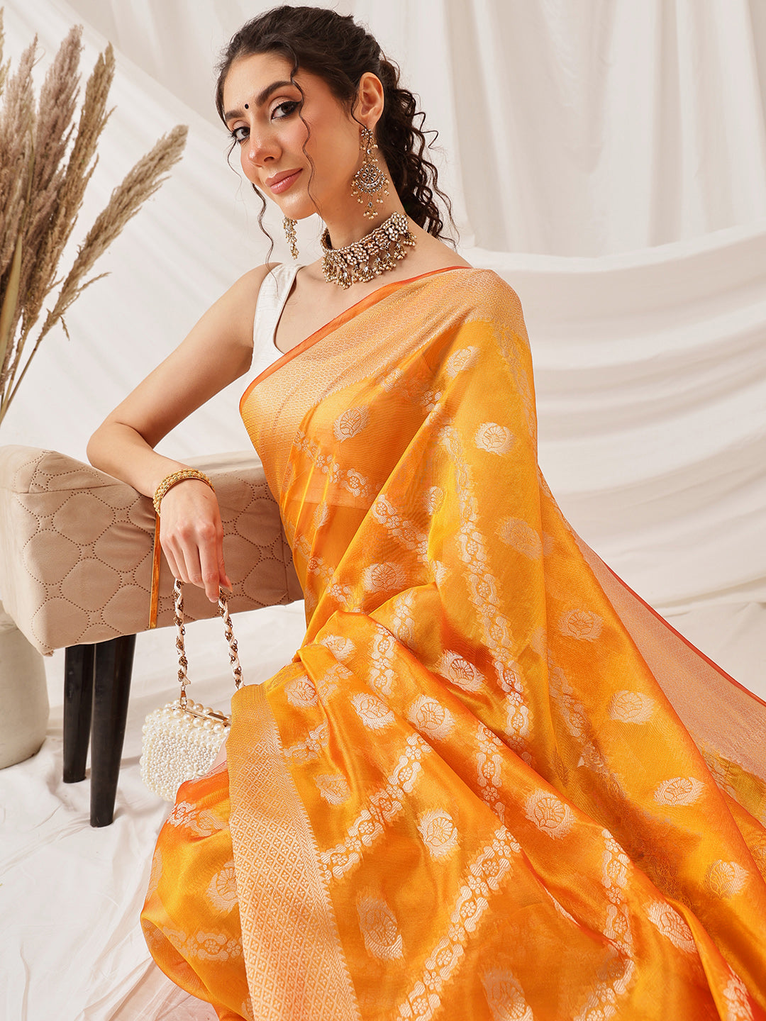 Hiral Fashion Yellow Banarasi Organza Silk Lahariya Woven Design Saree