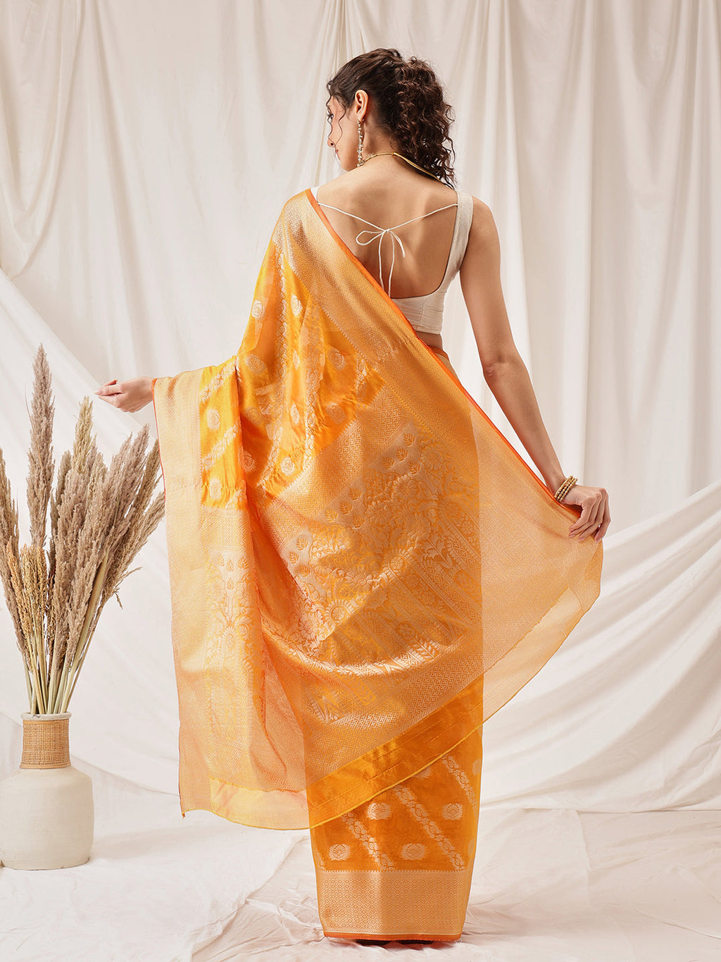 Hiral Fashion Yellow Banarasi Organza Silk Lahariya Woven Design Saree