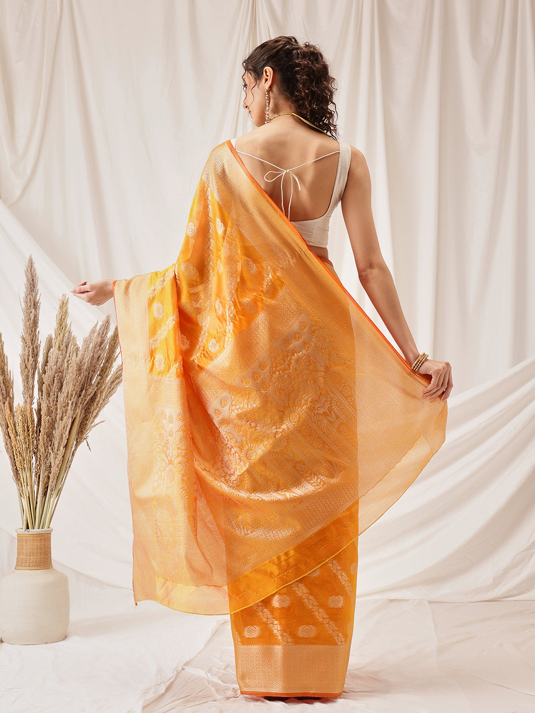 Hiral Fashion Yellow Banarasi Organza Silk Lahariya Woven Design Saree