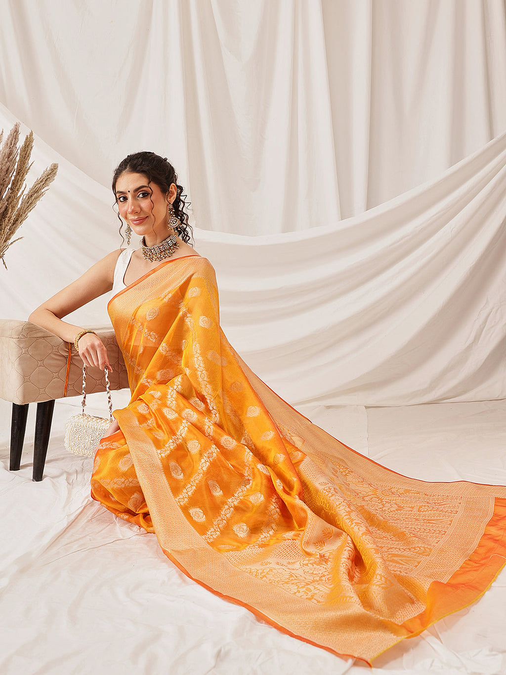 Hiral Fashion Yellow Banarasi Organza Silk Lahariya Woven Design Saree