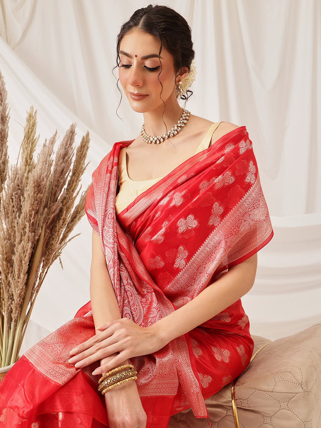 Hiral Fashion Red Banarasi Organza Silk Abstract Woven Design Saree