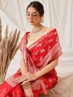 Hiral Fashion Red Banarasi Organza Silk Abstract Woven Design Saree