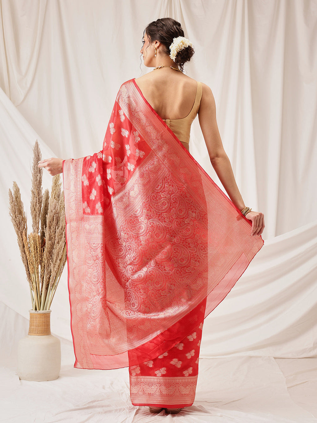 Hiral Fashion Red Banarasi Organza Silk Abstract Woven Design Saree