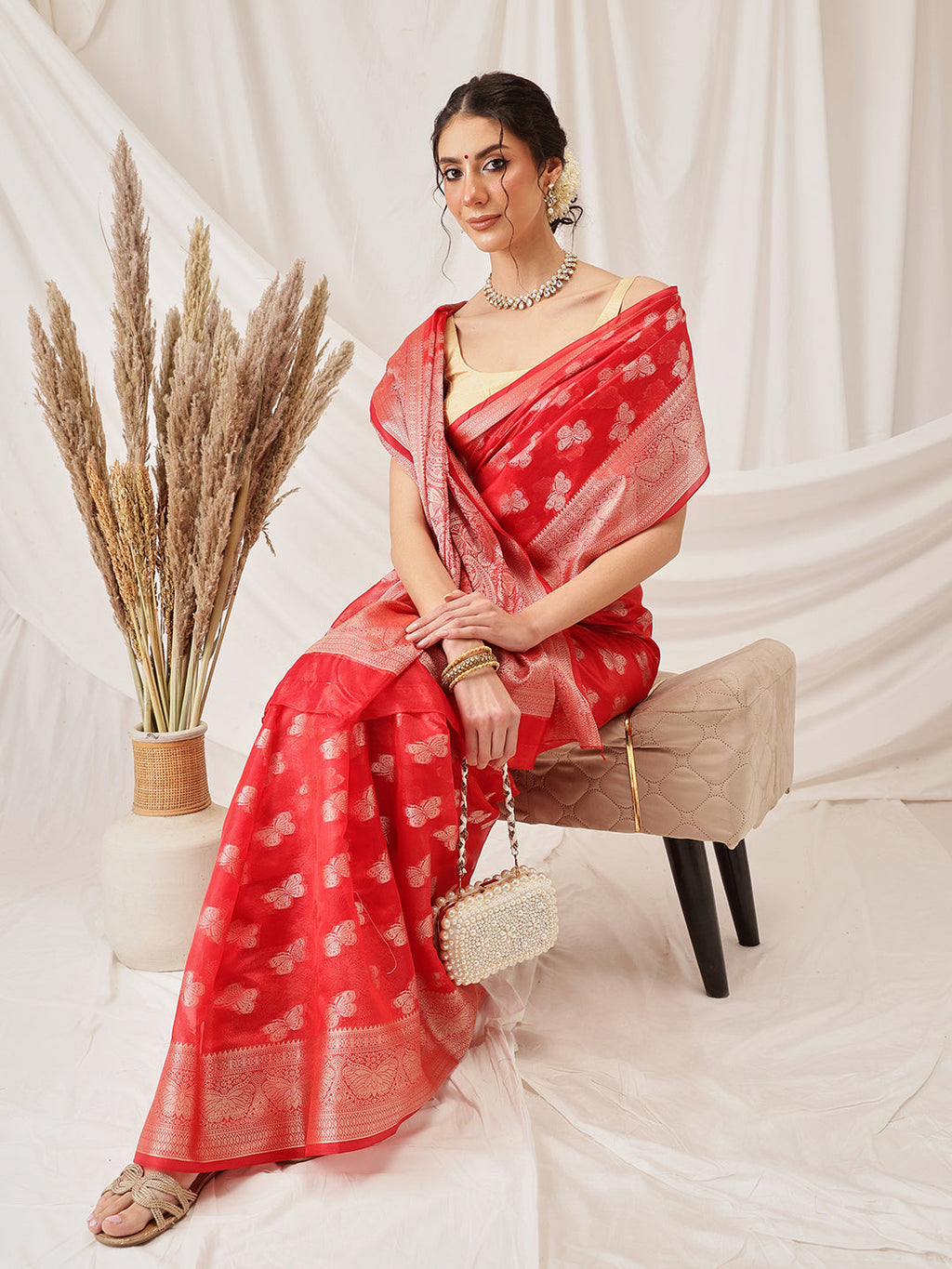Hiral Fashion Red Banarasi Organza Silk Abstract Woven Design Saree