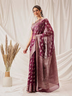 Hiral Fashion Purple Banarasi Organza Silk Abstract Woven Design Saree