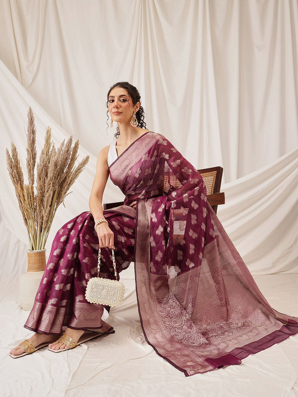 Hiral Fashion Purple Banarasi Organza Silk Abstract Woven Design Saree