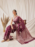 Hiral Fashion Purple Banarasi Organza Silk Abstract Woven Design Saree