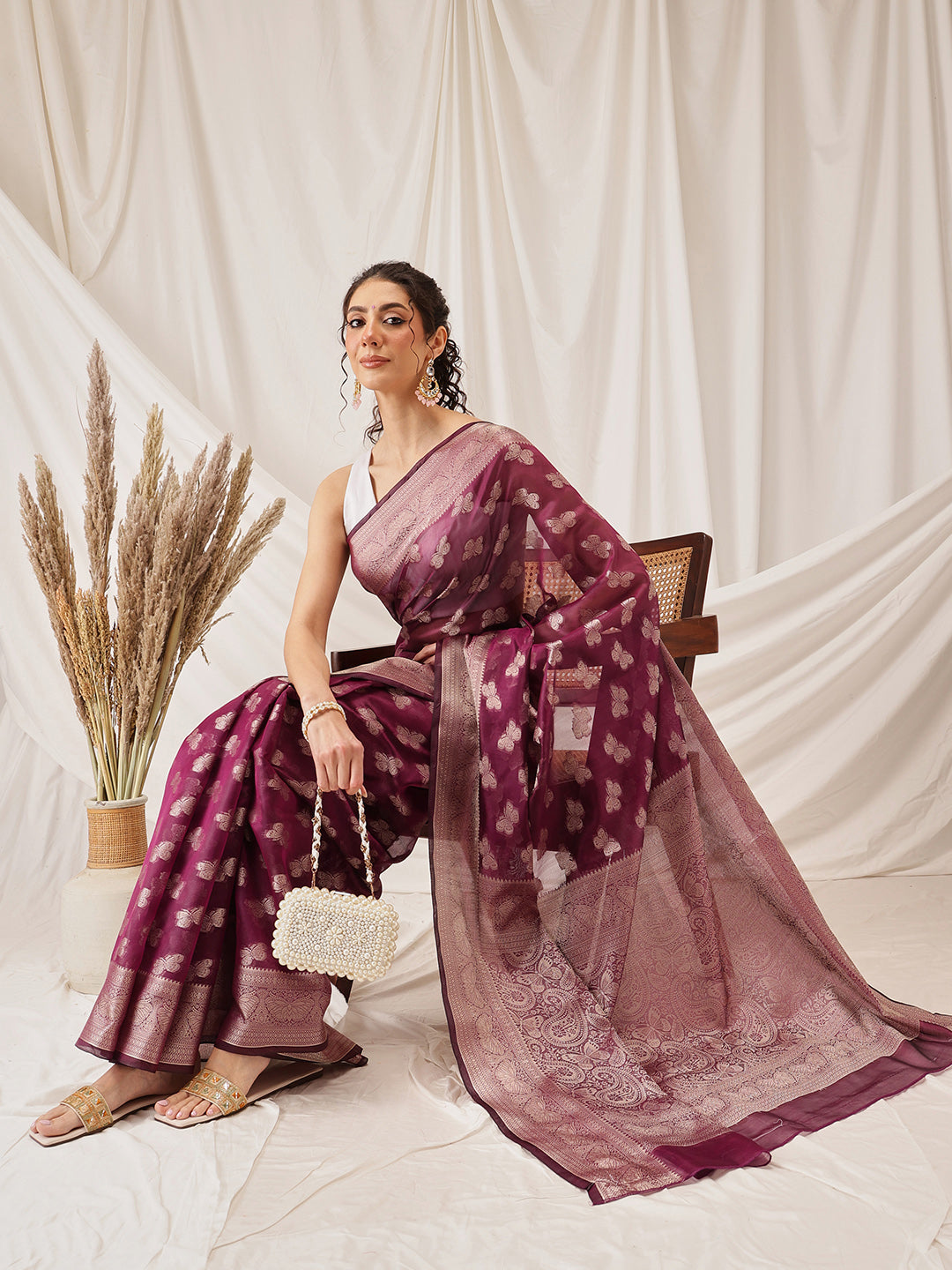 Hiral Fashion Purple Banarasi Organza Silk Abstract Woven Design Saree