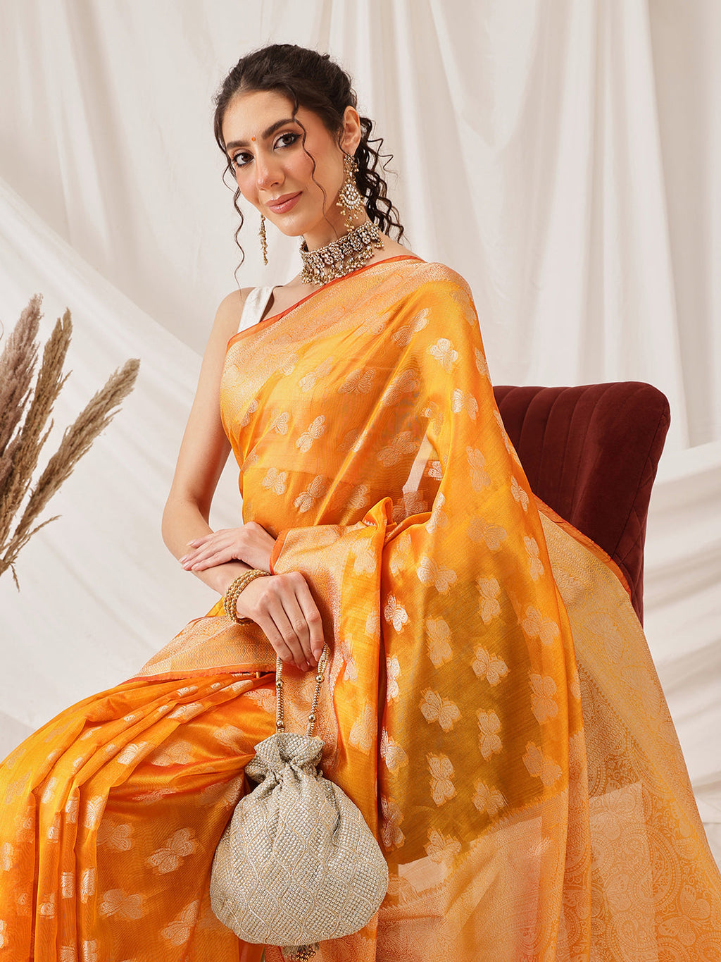 Hiral Fashion Yellow Banarasi Organza Silk Abstract Woven Design Saree