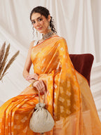 Hiral Fashion Yellow Banarasi Organza Silk Abstract Woven Design Saree