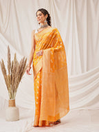Hiral Fashion Yellow Banarasi Organza Silk Abstract Woven Design Saree