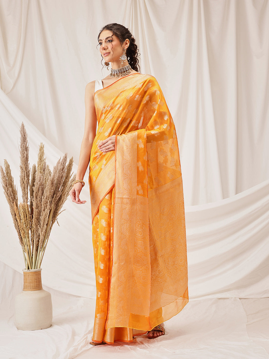 Hiral Fashion Yellow Banarasi Organza Silk Abstract Woven Design Saree