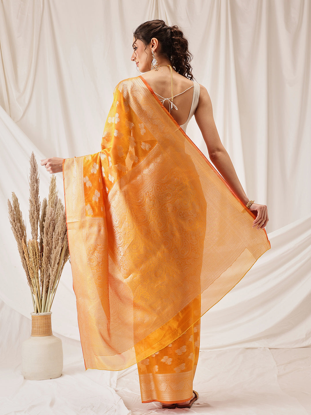 Hiral Fashion Yellow Banarasi Organza Silk Abstract Woven Design Saree