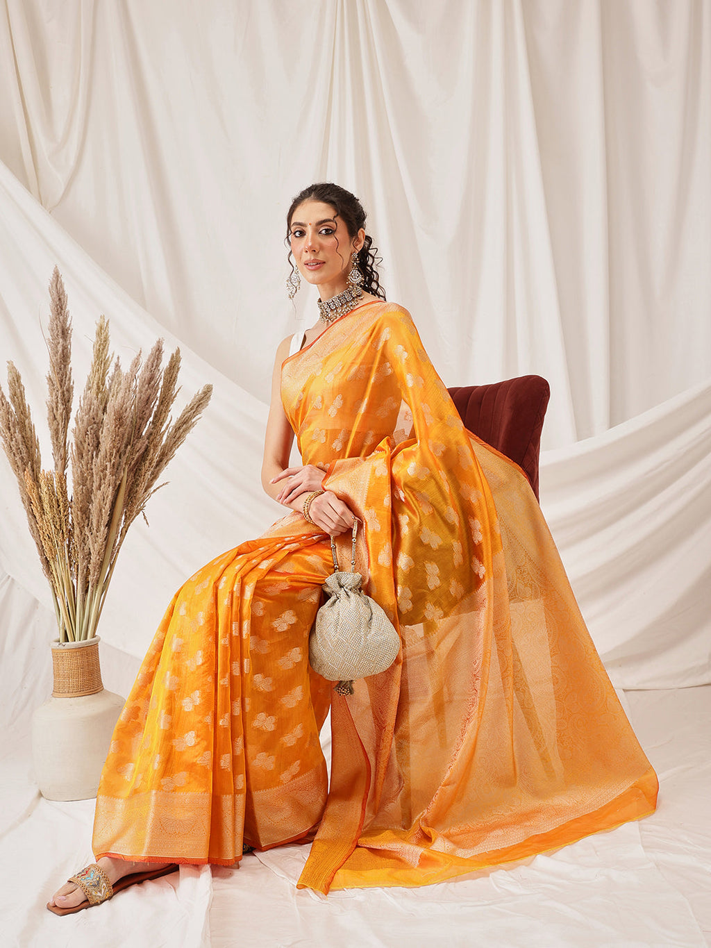 Hiral Fashion Yellow Banarasi Organza Silk Abstract Woven Design Saree