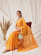 Hiral Fashion Yellow Banarasi Organza Silk Abstract Woven Design Saree