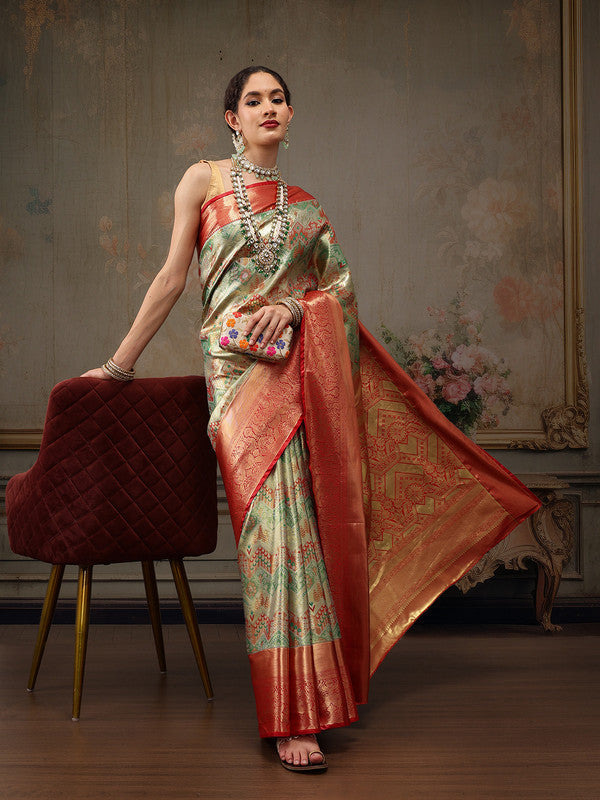 Multicolor Pure Silk Woven Zari Design Geomatric Saree with Unstitched Blouse - Hiral Fashion