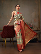 Multicolor Pure Silk Woven Zari Design Geomatric Saree with Unstitched Blouse - Hiral Fashion