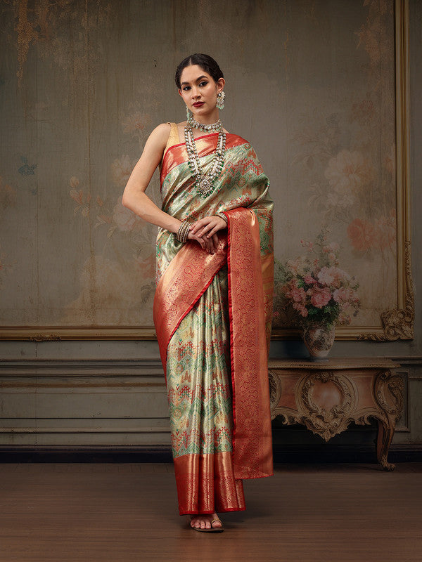 Multicolor Pure Silk Woven Zari Design Geomatric Saree with Unstitched Blouse - Hiral Fashion