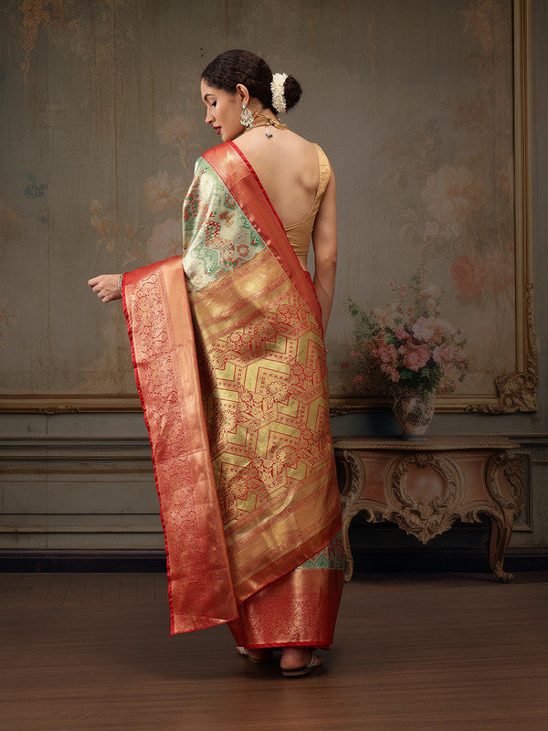 Multicolor Pure Silk Woven Zari Design Geomatric Saree with Unstitched Blouse - Hiral Fashion