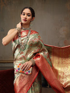 Multicolor Pure Silk Woven Zari Design Geomatric Saree with Unstitched Blouse - Hiral Fashion
