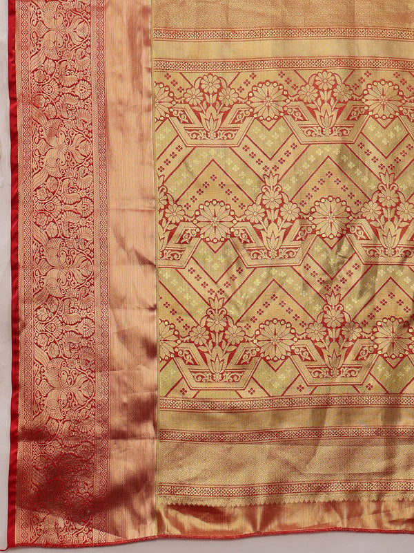 Multicolor Pure Silk Woven Zari Design Geomatric Saree with Unstitched Blouse - Hiral Fashion