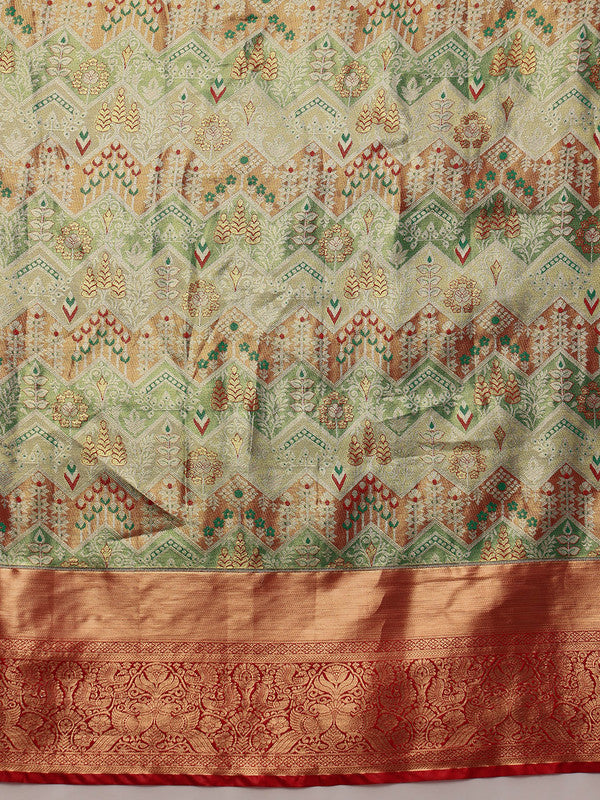 Multicolor Pure Silk Woven Zari Design Geomatric Saree with Unstitched Blouse - Hiral Fashion
