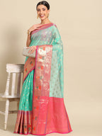 Turquoise Art Silk Woven Zari Design Ethnic Motifs Saree with Unstitched Blouse - Hiral Fashion
