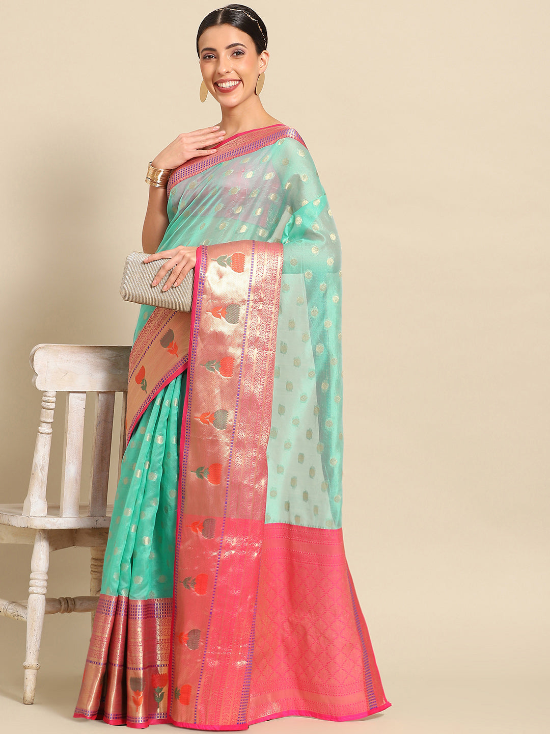 Turquoise Art Silk Woven Zari Design Ethnic Motifs Saree with Unstitched Blouse - Hiral Fashion
