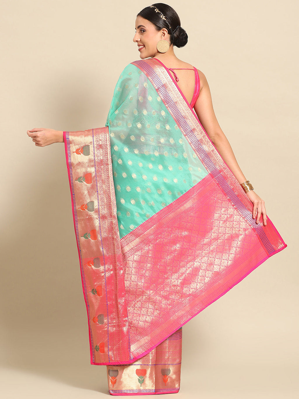 Turquoise Art Silk Woven Zari Design Ethnic Motifs Saree with Unstitched Blouse - Hiral Fashion
