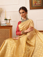 Hiral Fashion Beige Kanjivaram Tissue Silk Floral Zari Woven Saree