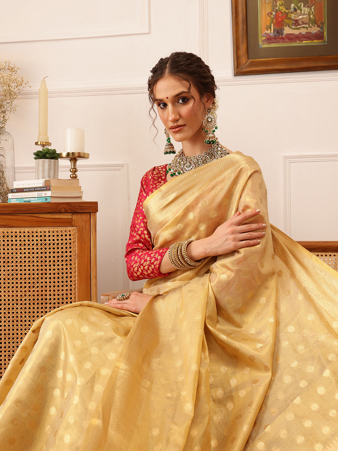 Hiral Fashion Beige Kanjivaram Tissue Silk Floral Zari Woven Saree